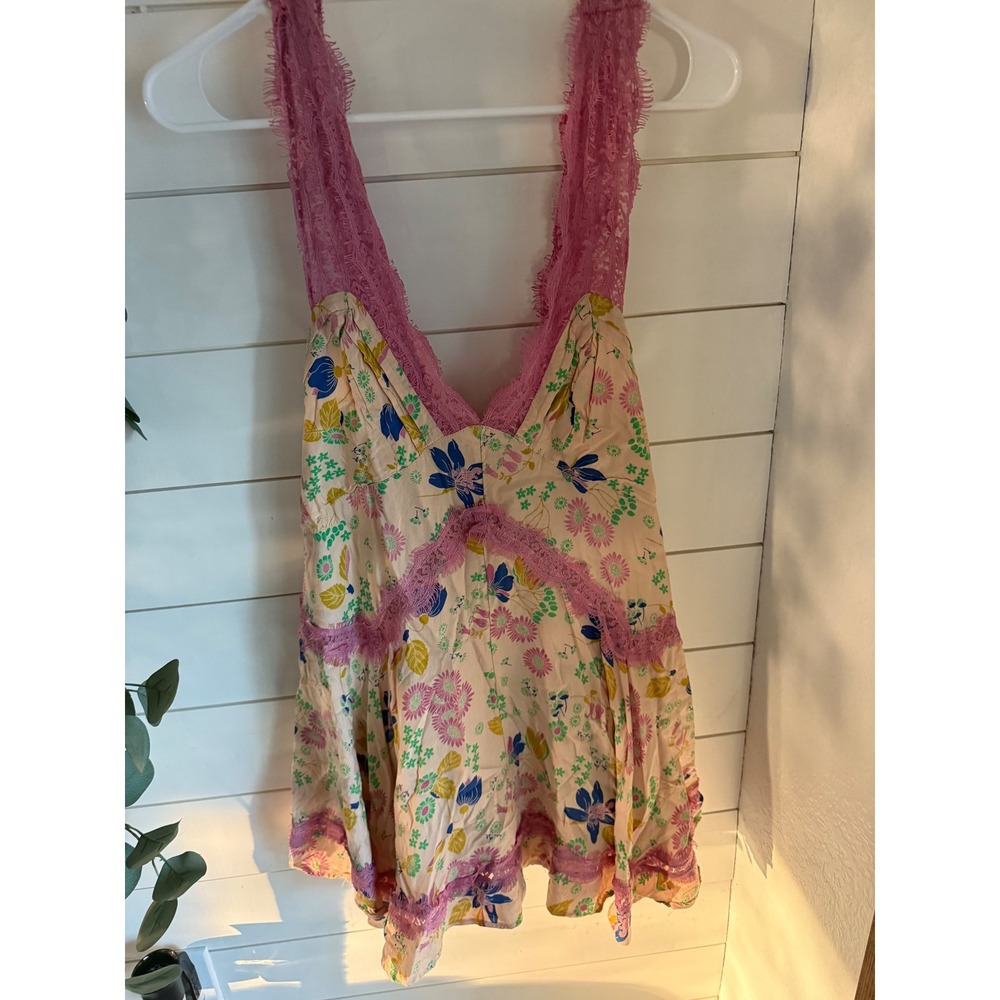Urban Outfitters Floral Lace Trim Mini Dress Pink Blue Green‎ Womens M